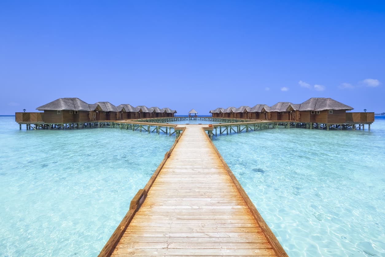 Overwater bungalows boardwalk of the Maldives