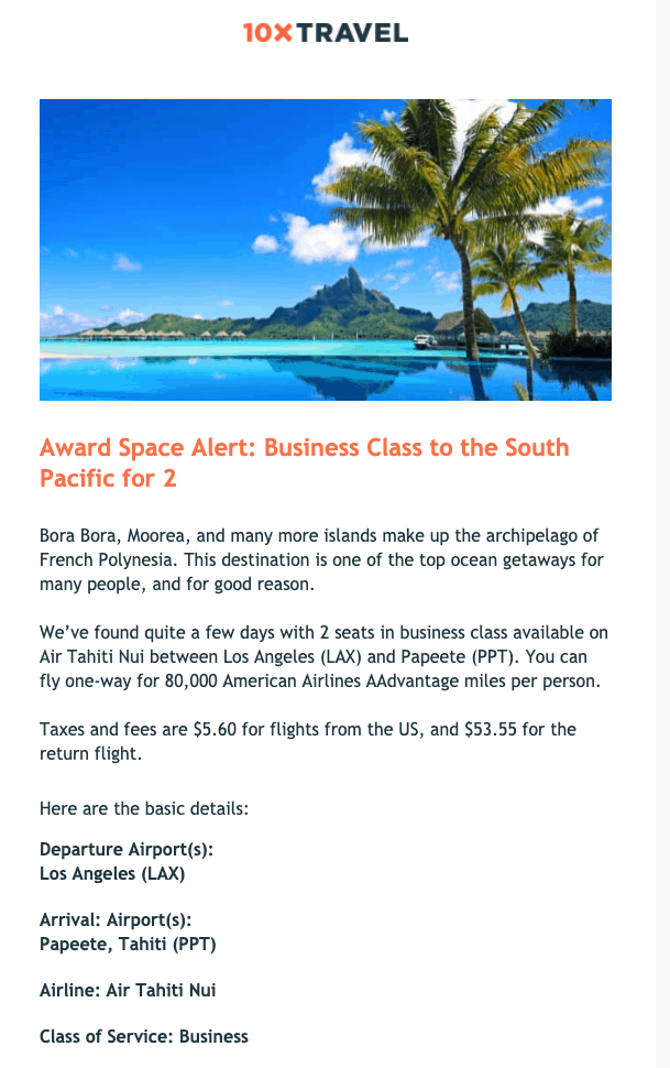 award space alert biz class south pacific