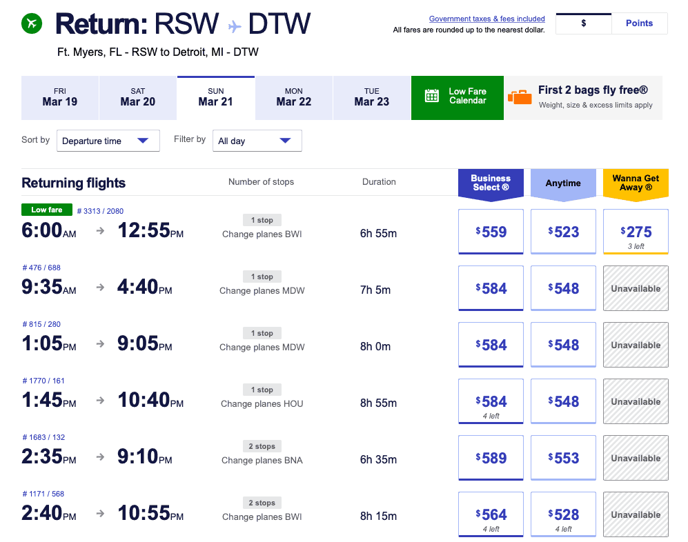 Southwest Free Change Policy