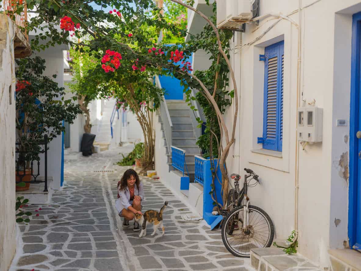Woman petting a cat in a narrow Greek island alley with white walls blue shutters bicycle and bougainvillea flowers