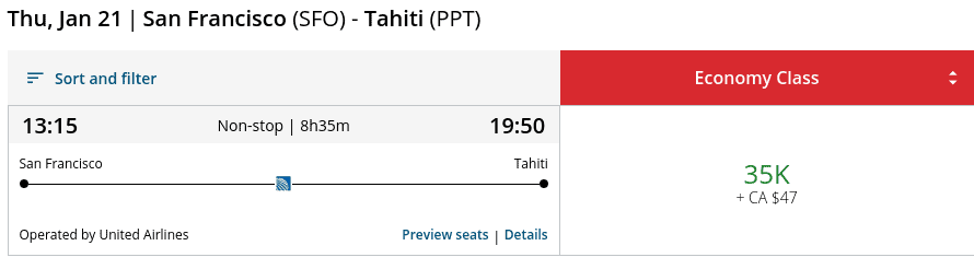 united economy from SFO to Tahiti