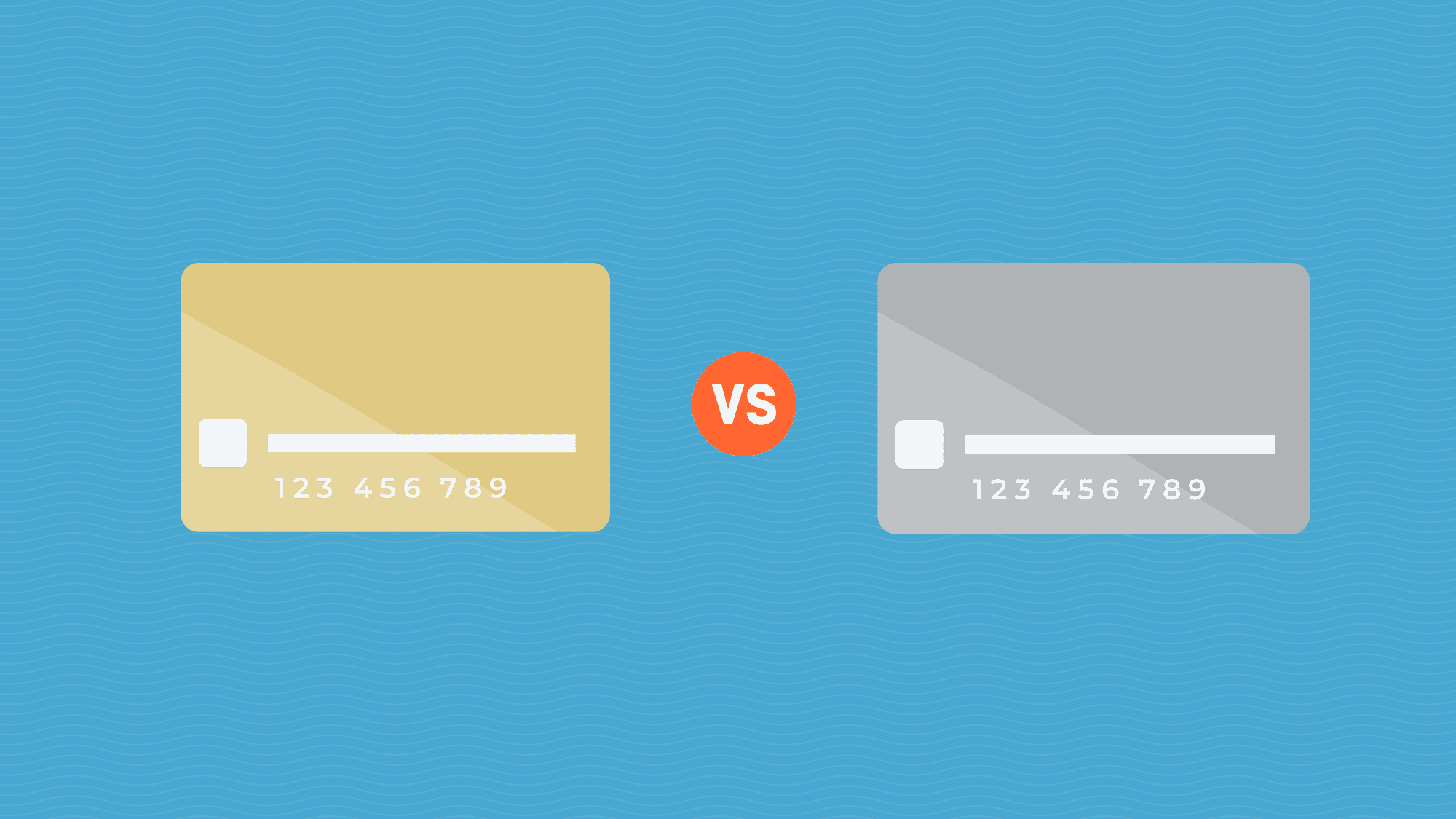 Illustration of a gold card and a silver travel card side by side, separated by a red VS circle, on a blue wavy background.