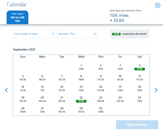 transferable points - calendar of premium cabins