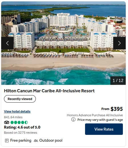 Hilton Cancun Mar Caribe All-Inclusive Resort showing $395 per night cash rate for a standard room in June 2026