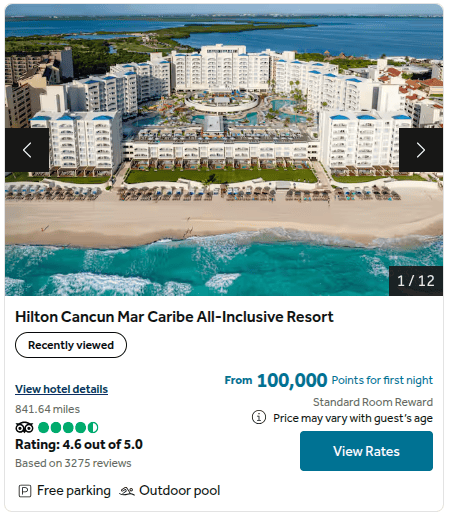 Hilton Cancun Mar Caribe All-Inclusive Resort showing 100,000 Hilton Honors points required per night for the same room