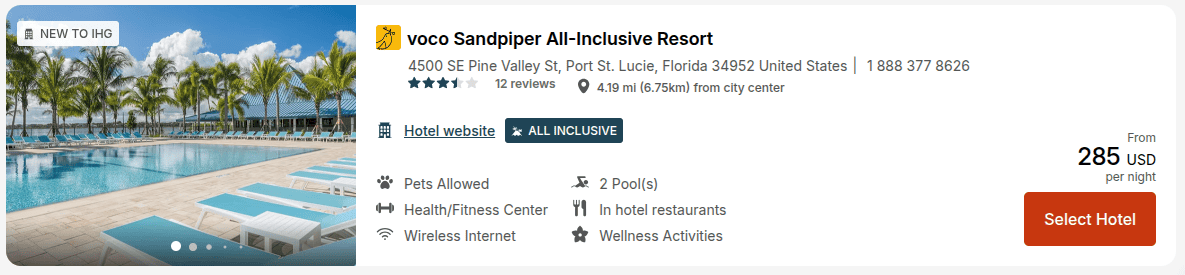 Pool area at voco Sandpiper All-Inclusive Resort in Port St. Lucie showing $285 per night cash rate