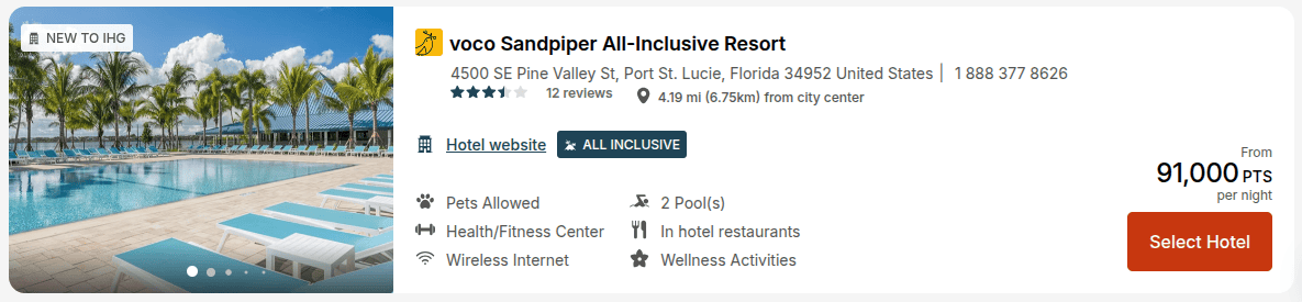 Pool area at voco Sandpiper All-Inclusive Resort in Port St. Lucie showing 91,000 IHG points per night rate