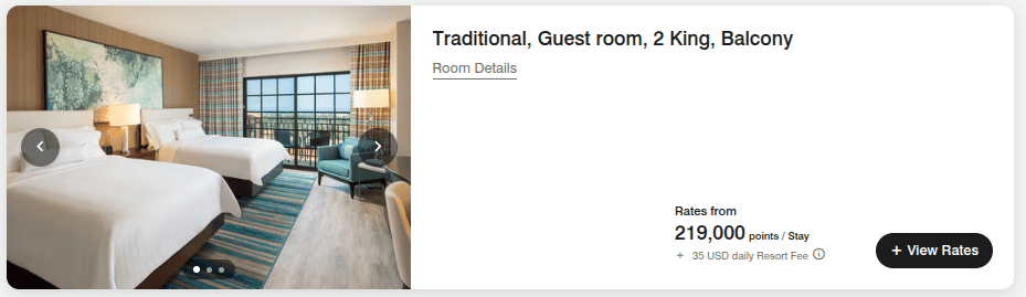 The Westin Carlsbad Resort and Spa showing 219,000 Marriott Bonvoy points required for a 3-night stay in a 2 king room with balcony