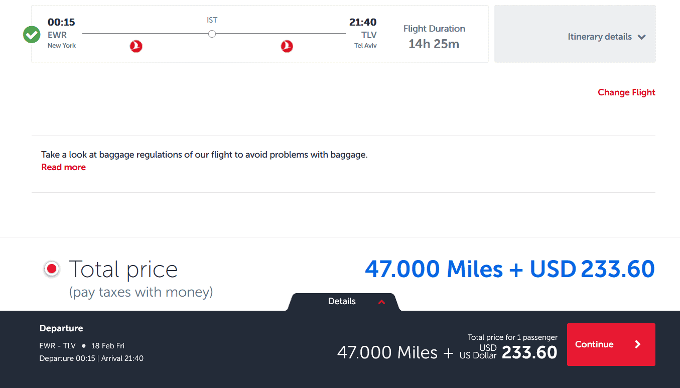 Turkish Airlines business class using Citi Premier miles