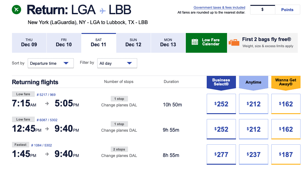 finding award flight in southwest - return flight