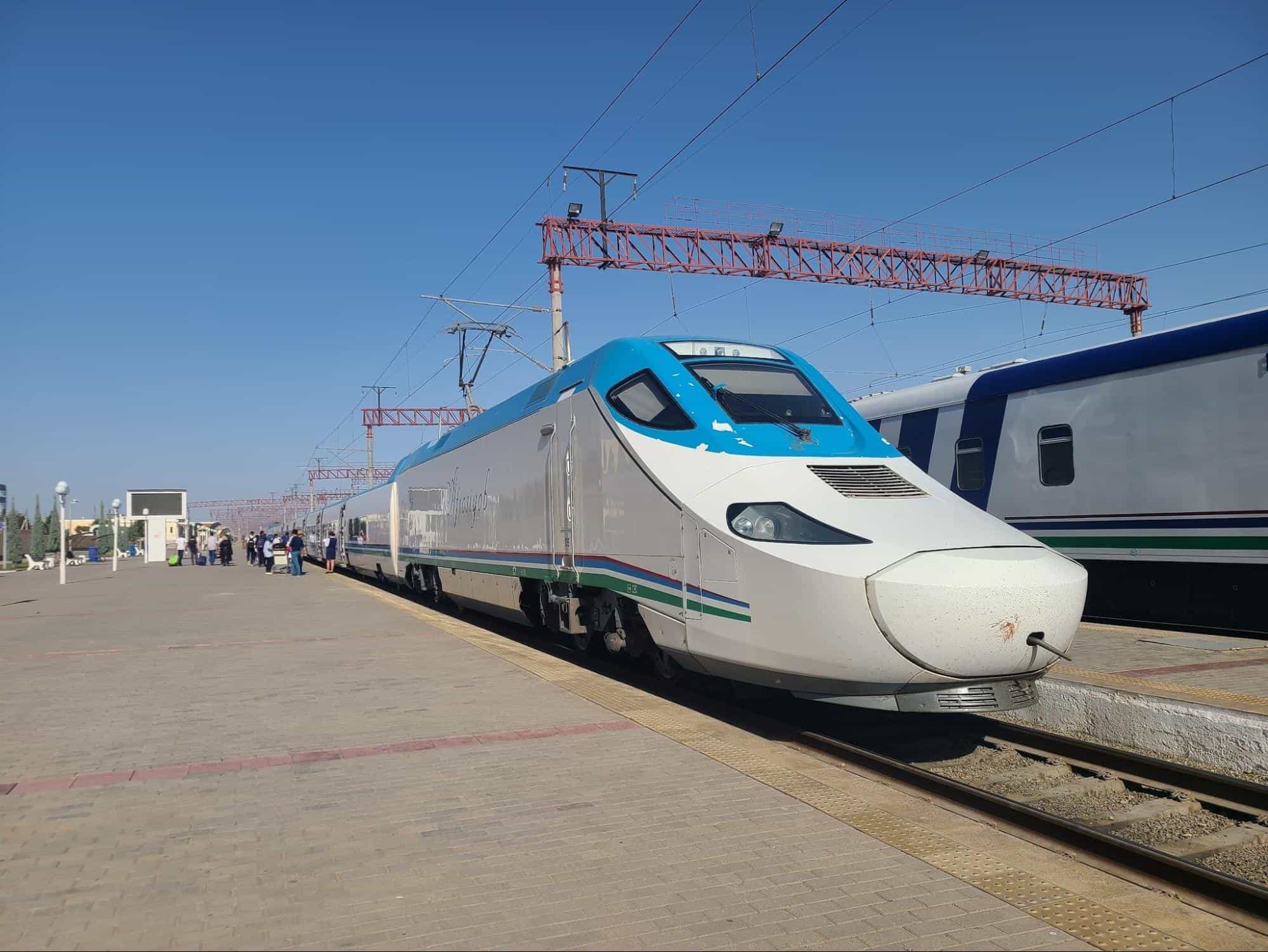 Afrosiyob train waits to depart Bukhara for Samarkand