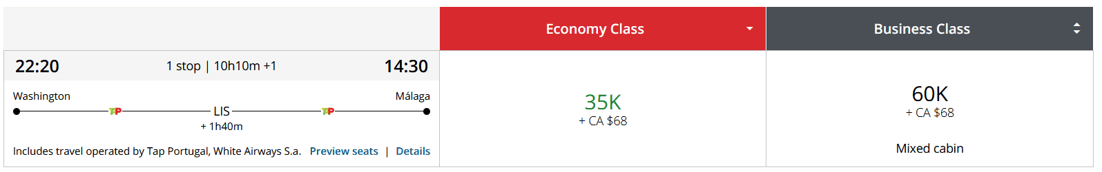 economy class to Europe using aeroplan