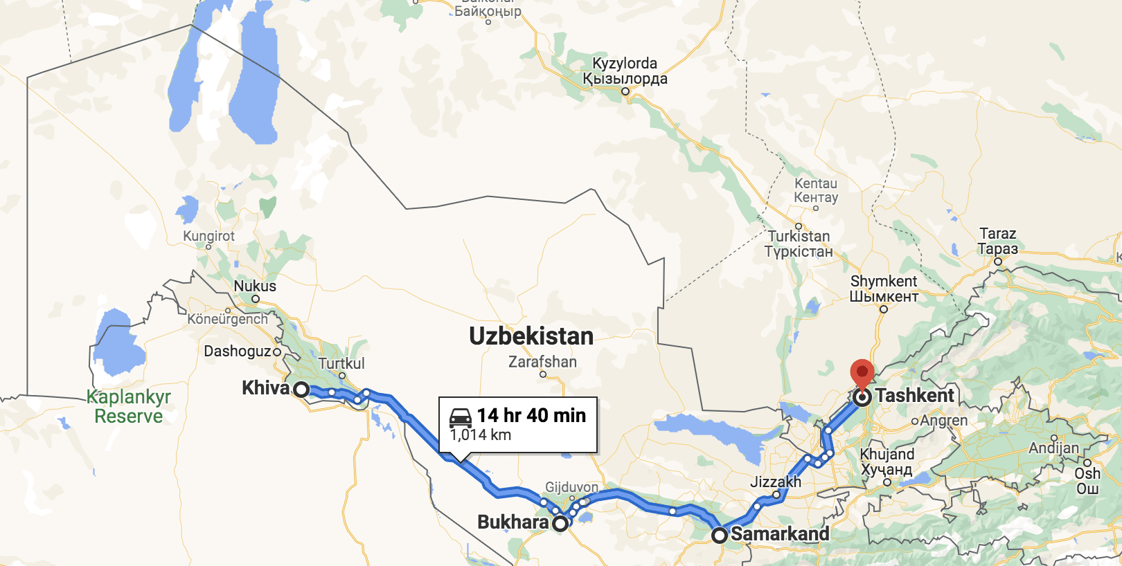 route map to Uzbekistan