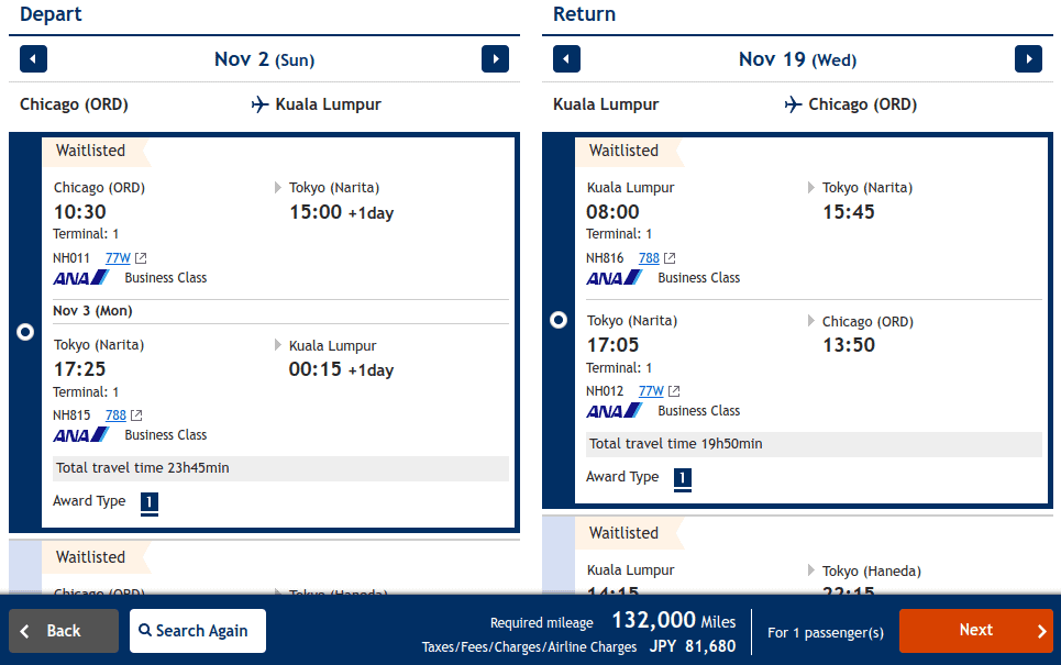 ANA flight from Chicago to Kuala Lumpur for 132,000 miles