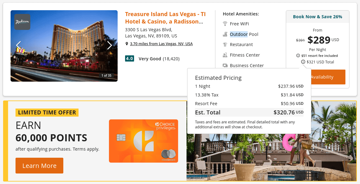 Booking Booking at reasure Island Las Vegas using points
