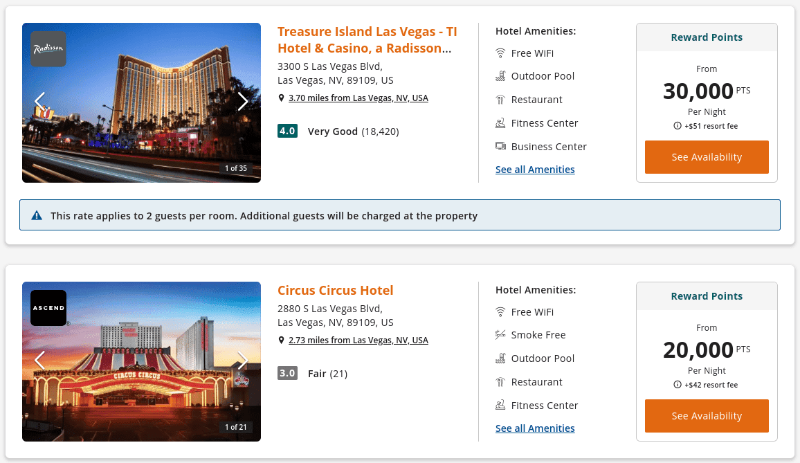Booking at Circus Circus Hotel or Treasure Island Las Vegas