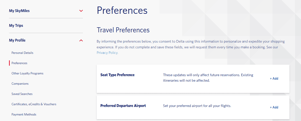 Delta SkyMiles account profile - “Preferences” section