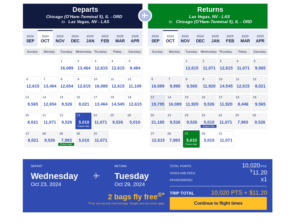 Round-trip economy award flights between Chicago (ORD) and Las Vegas (LAS)