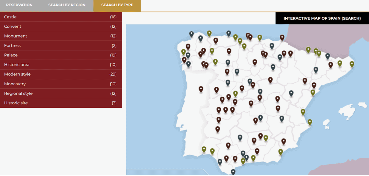 A map of Spain from the site Parador of Spain to help find unique places to stay to save on hotels