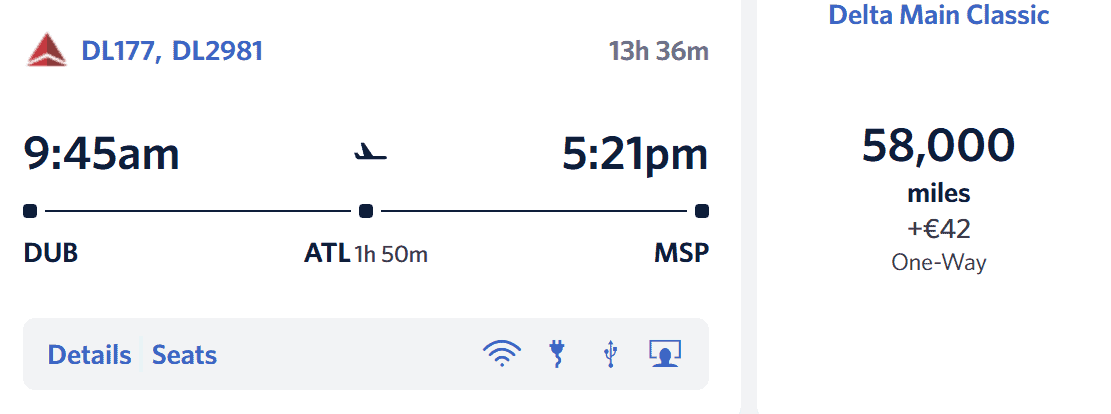 Delta Air Lines award flight from Dublin to Minneapolis with a connection in Atlanta for 58,000 SkyMiles plus €42.