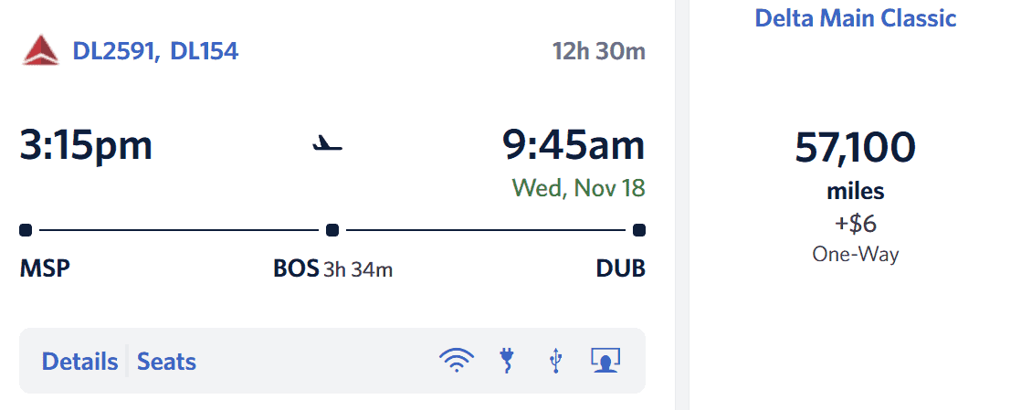 Delta Air Lines award flight from Minneapolis to Dublin with a connection in Boston for 57,100 SkyMiles plus $6.