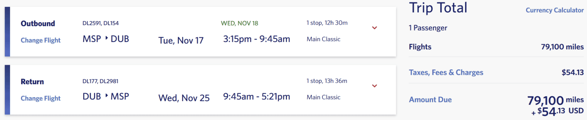 Delta Air Lines round-trip itinerary between Minneapolis and Dublin priced at 79,100 SkyMiles plus $54.13 in taxes and fees.