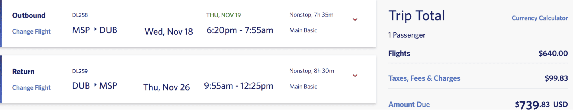 Delta Air Lines round-trip itinerary from Minneapolis to Dublin with nonstop flights and a total cash price of $739.83.