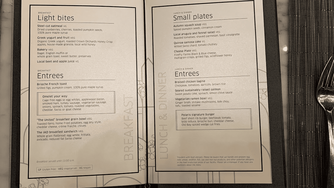 food menu at United Polaris Lounge