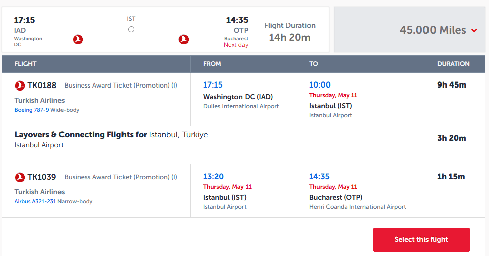 Turkish Airlines flight using Capital One Venture miles