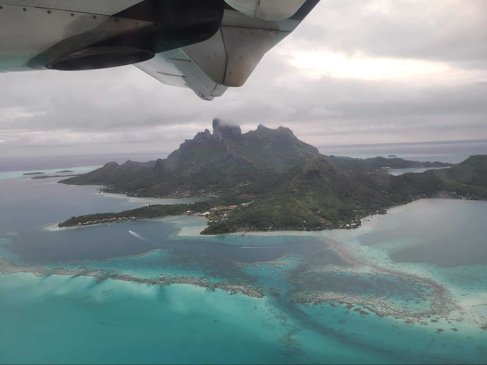 An aerial view of Bora Bora from a regional prop plane operated by Air Tahiti. | Photo by Anya Kartashova