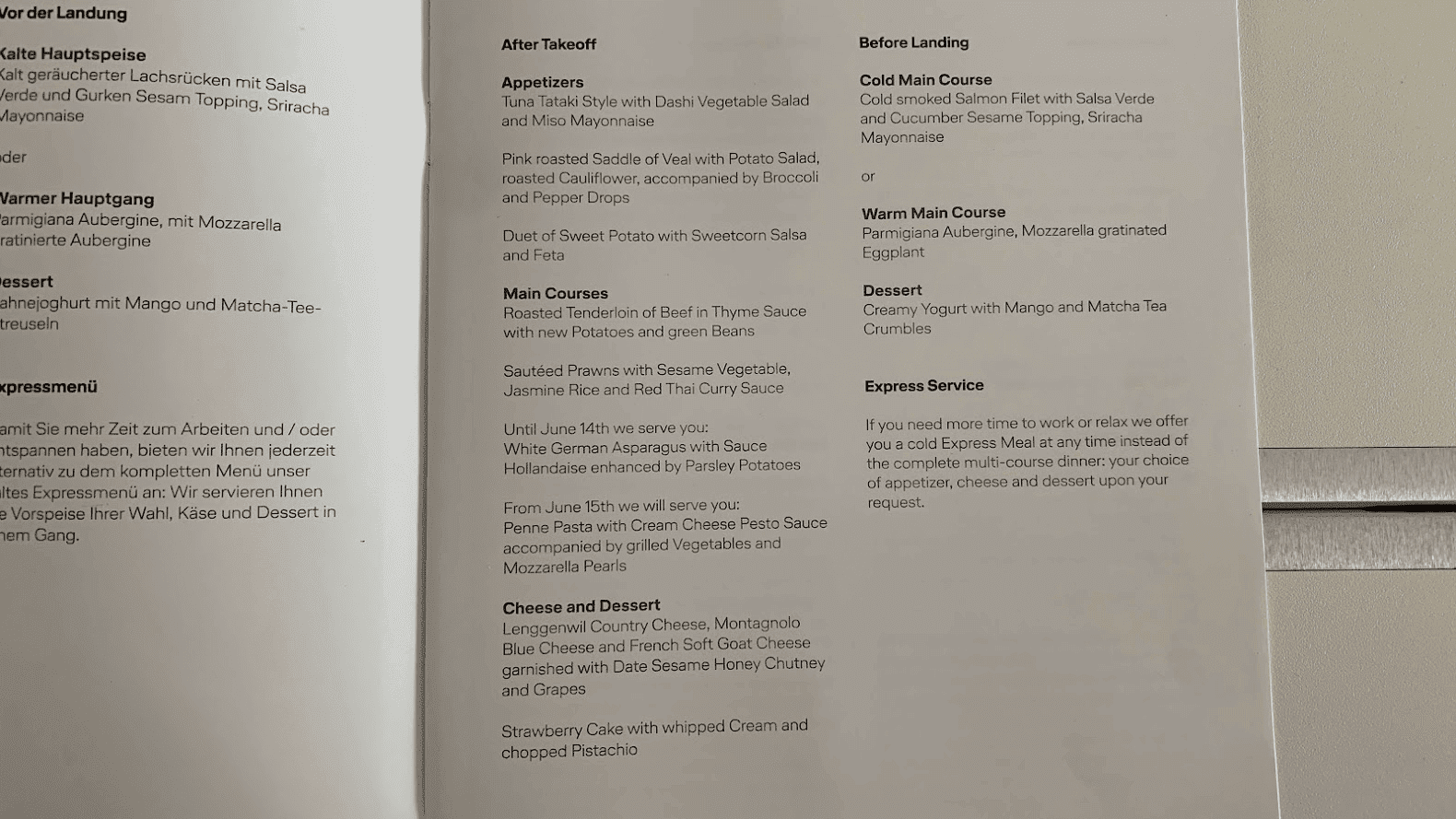 Lufthansa Business Food and Drink Menu