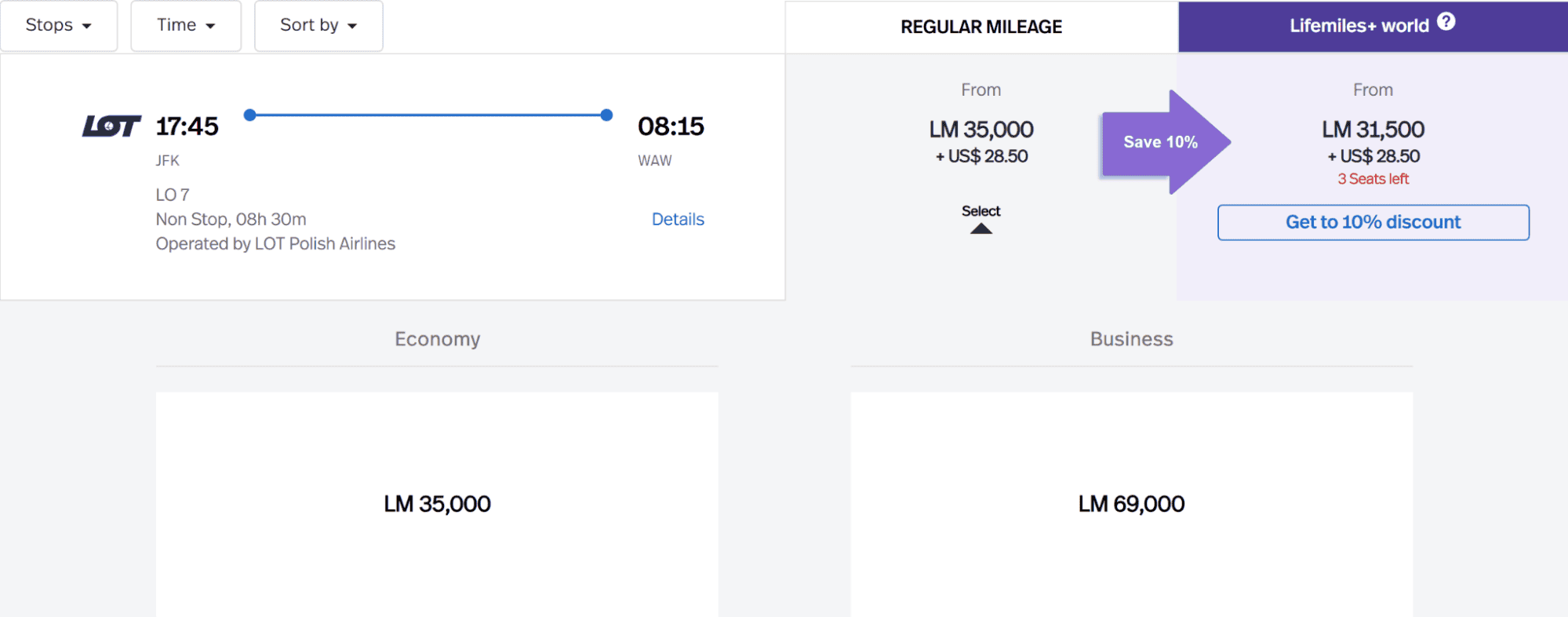 LOT Polish Airlines business class flight from New York to Warsaw for 69,000 miles of Avianca LifeMiles.