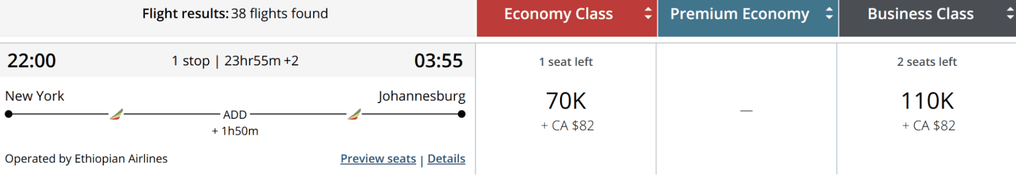 Fly Business to South Africa for 110,000 Points