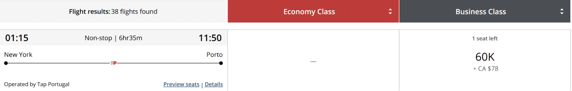 New York to Porto for 60,000 points