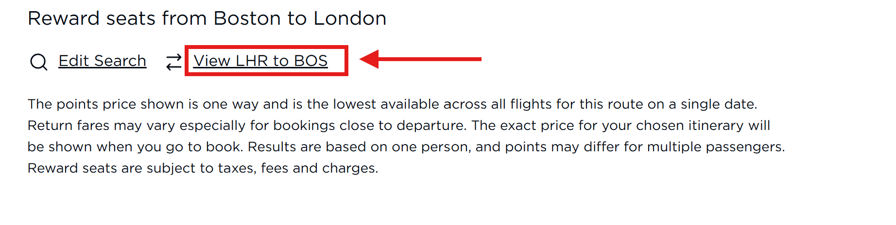 rewards seat from Boston to London