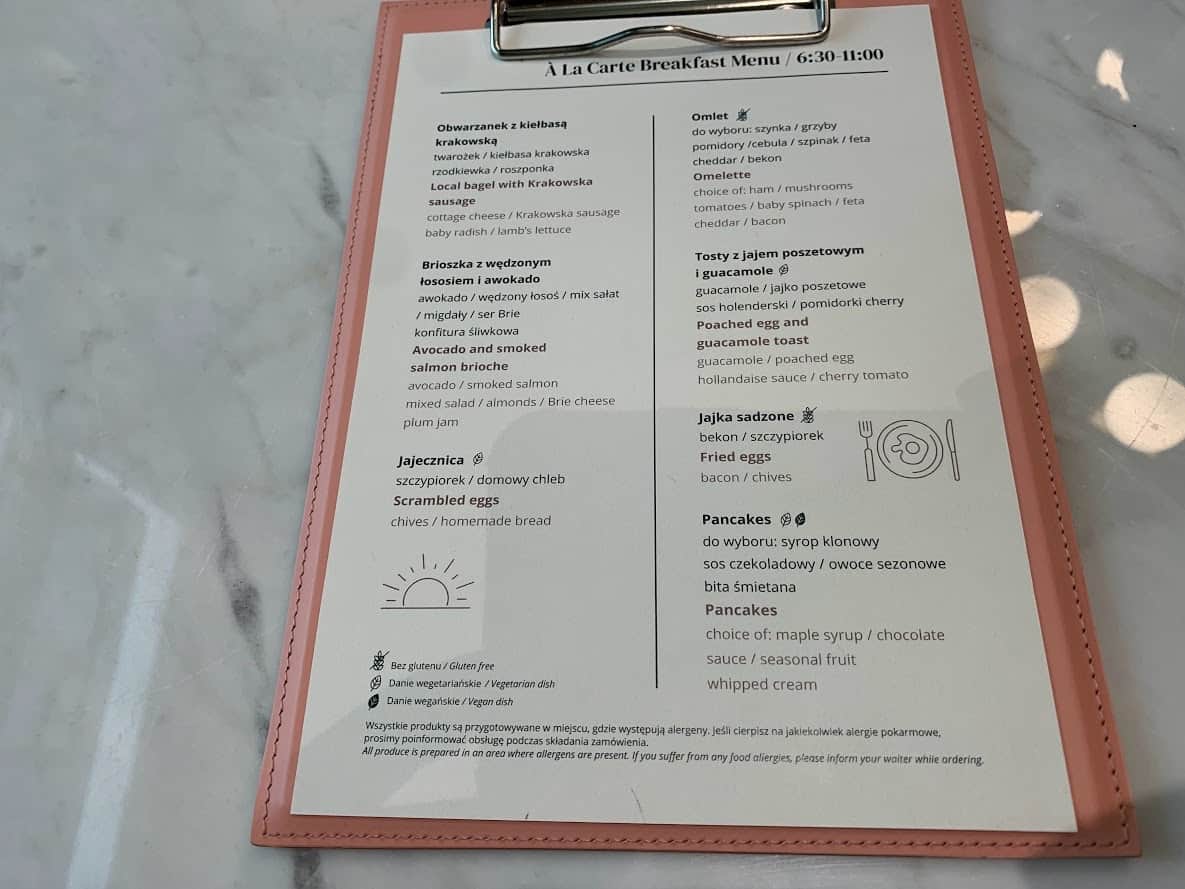 Hotel Saski, Krakow breakfast menu