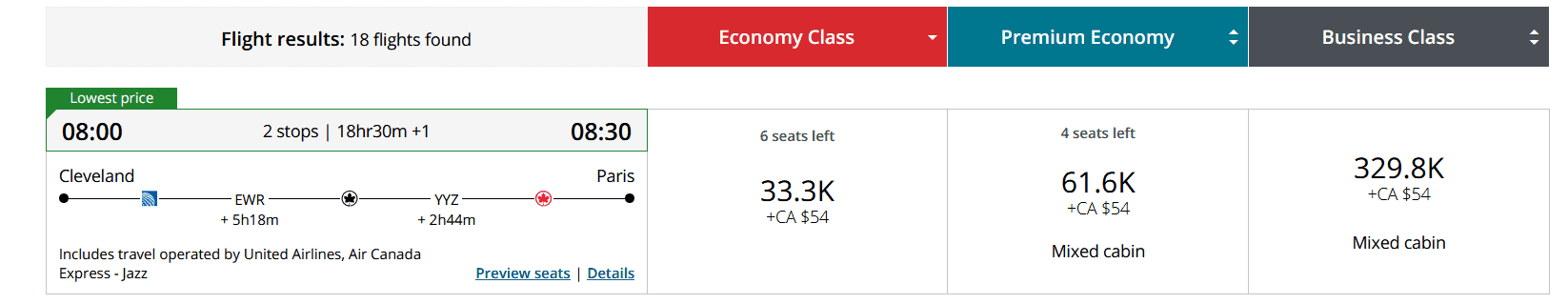 book flight with Air Canada Aeroplan from NYC to Paris