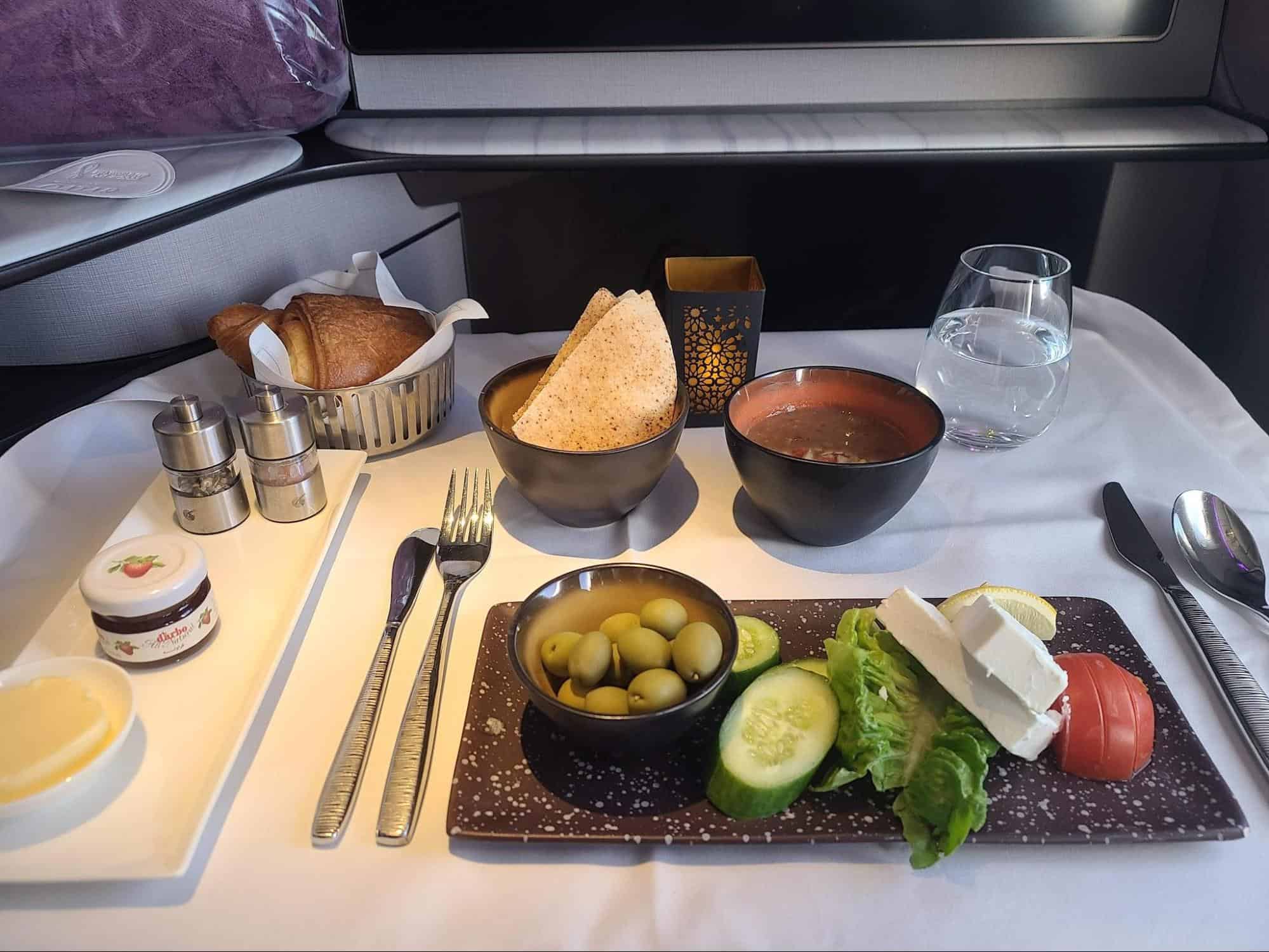 Traditional Arabic breakfast onboard Qatar Qsuites business class