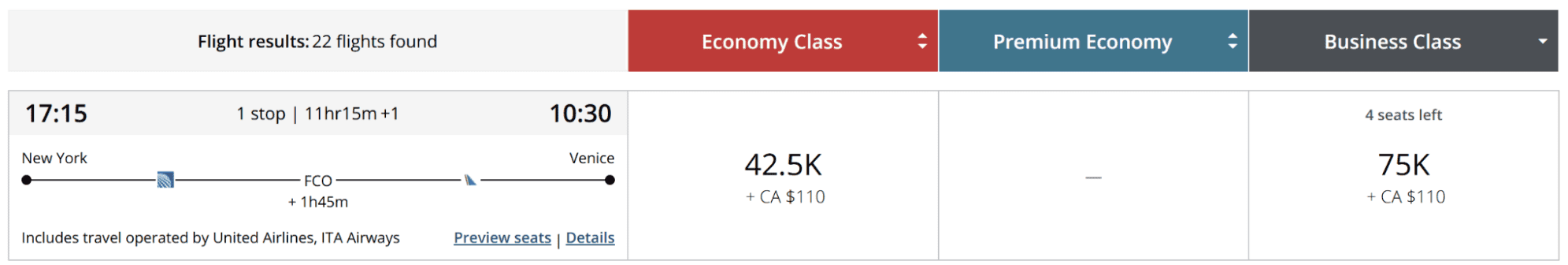 Air Canada Aeroplan award search showing a United and ITA Airways itinerary from Newark (EWR) to Venice (VCE) via Rome (FCO) for 42,500 points in economy or 75,000 points in business class each way.