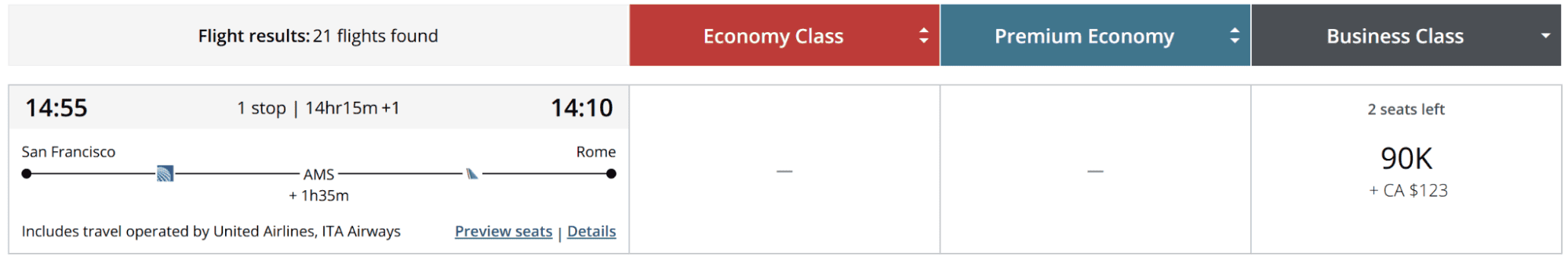 Air Canada Aeroplan award search showing a United and ITA Airways itinerary from San Francisco (SFO) to Rome (FCO) via Amsterdam (AMS) for 90,000 points in business class each way.
