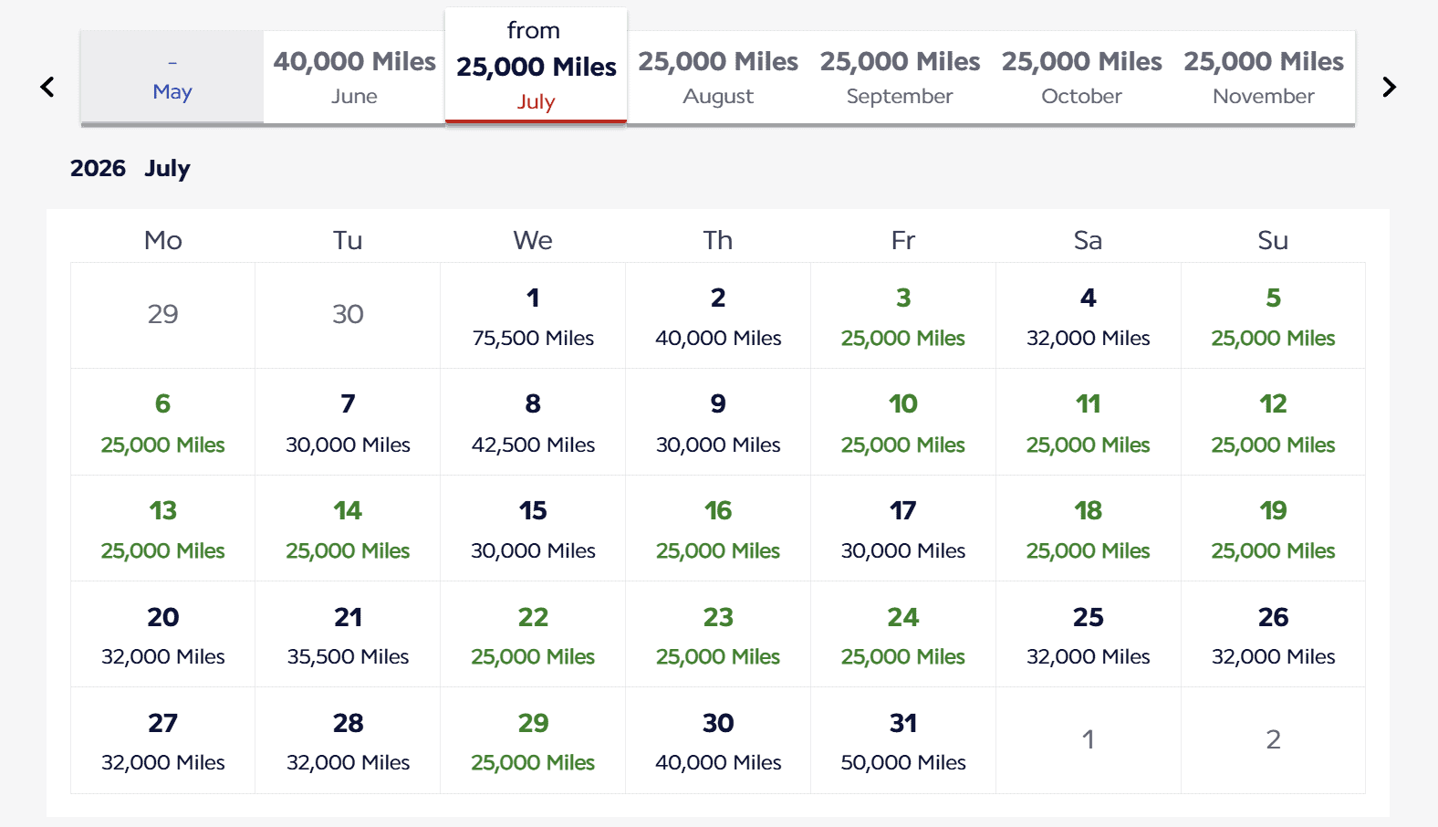 Air France award calendar showing July 2026 award fares, with the cheapest 25,000-mile dates