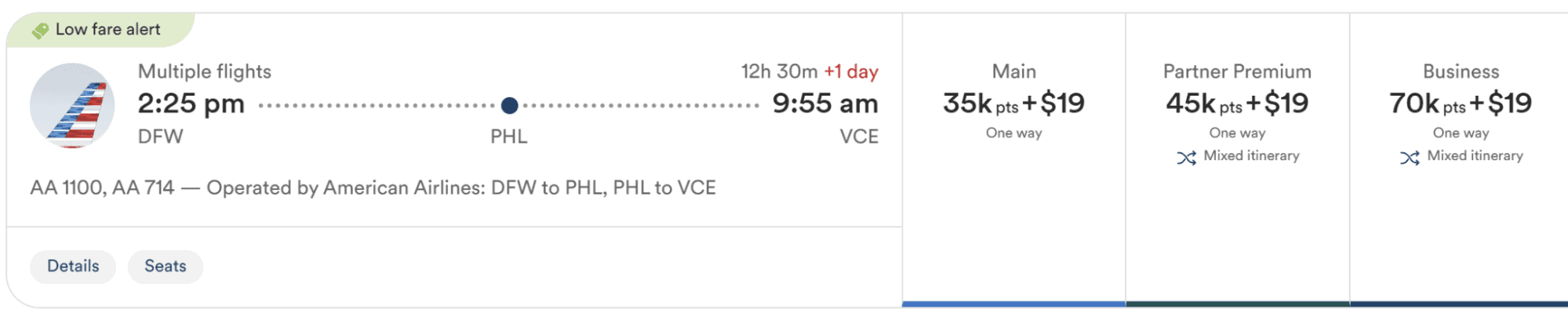 Alaska Airlines award search showing American Airlines flights from Dallas to Venice for 35,000 points in economy, 45,000 points in premium economy and 70,000 points in business each way.
