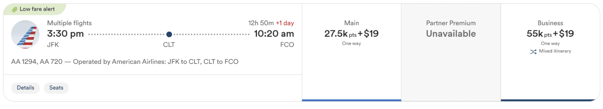 Alaska Airlines award search showing American Airlines flights from New York to Rome for 27,500 points in economy or 55,000 points in business each way.