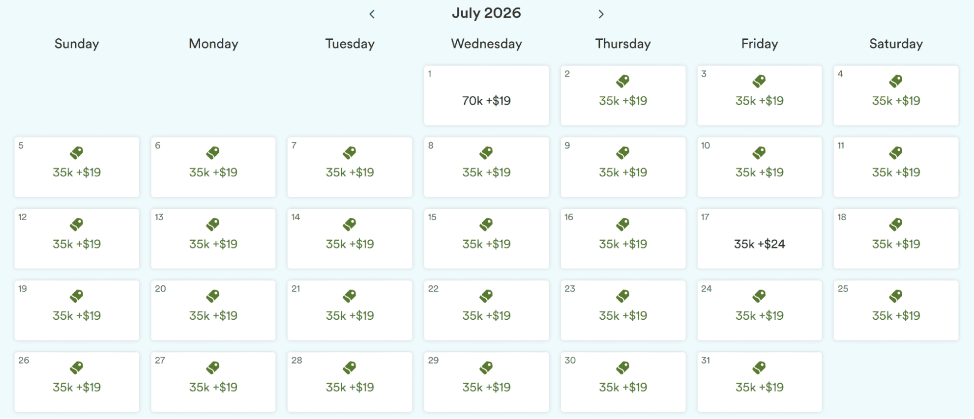 Alaska Airlines award fare calendar showing the cheapest dates to fly in July, with most award flights priced at 35,000 miles plus $19 in taxes and fees.