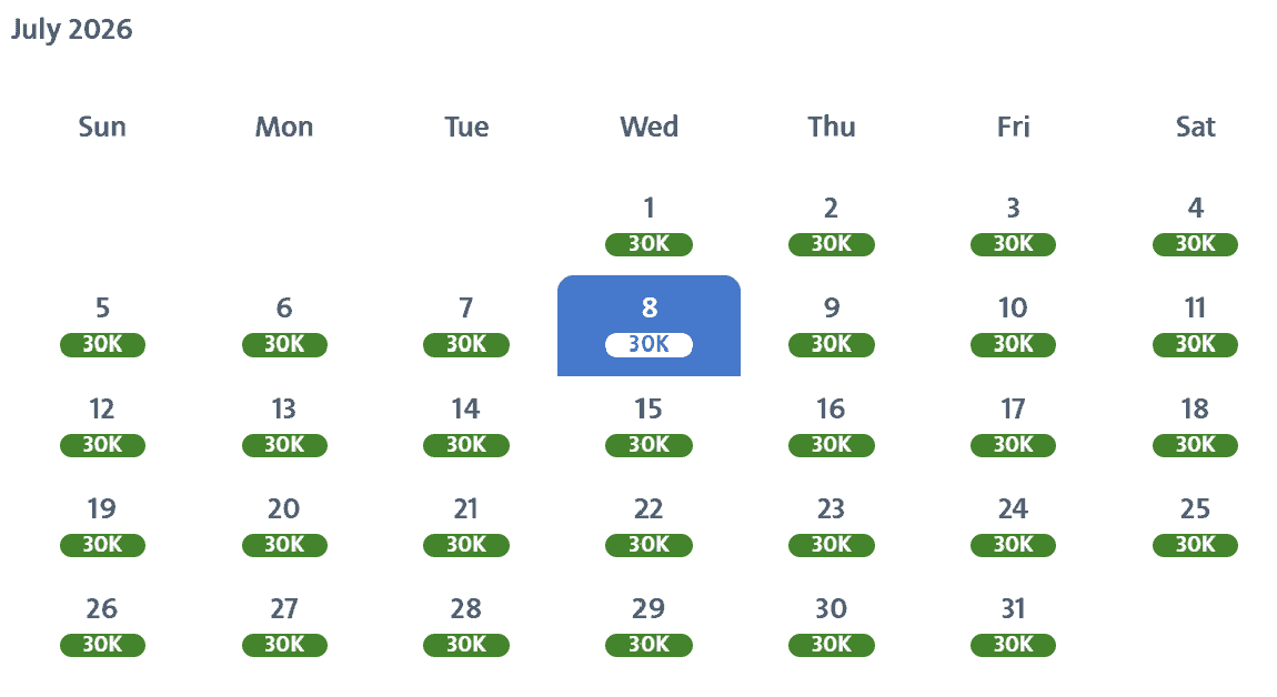 American Airlines award calendar showing 30,000-mile fares on the cheapest days in July 2026