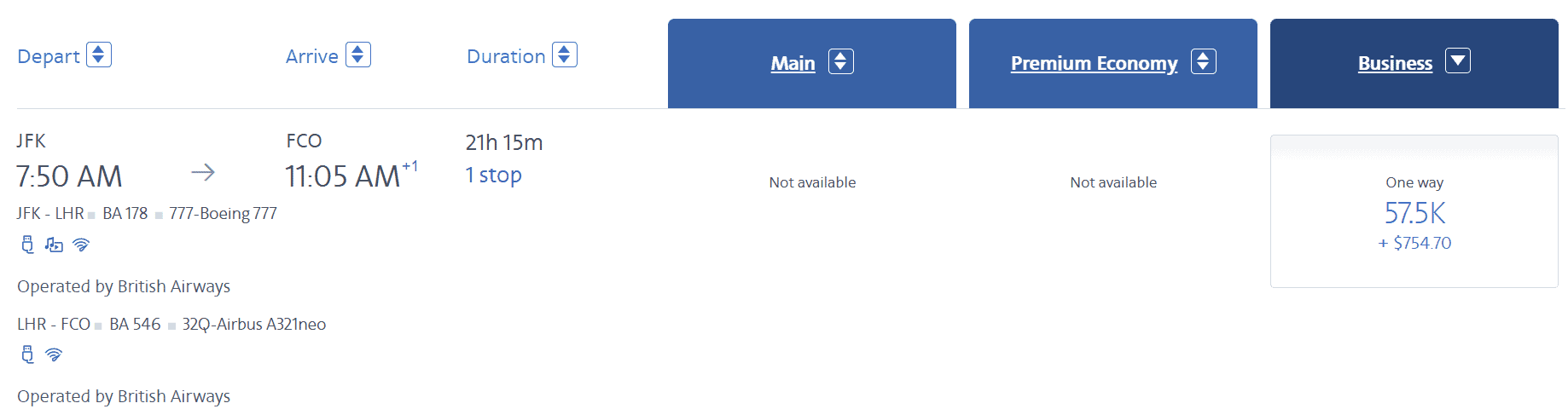 American Airlines award search showing a 57,500-mile business-class fare from New York to Rome via London-Heathrow, with $754.70 in taxes and fees.