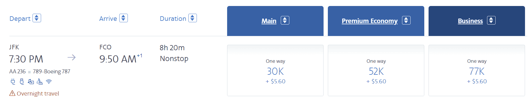 American Airlines award fare search showing JFK to Rome fares from 30,000 miles in economy, 52,000 miles in premium economy and 77,000 miles in business.