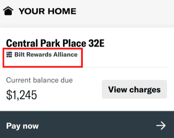 Bilt Rewards Alliance label shown on rent payment dashboard with balance due and pay now option