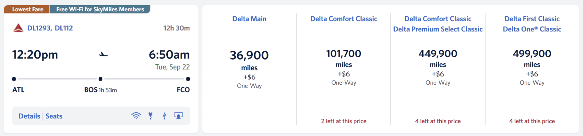 Delta SkyMiles award search showing a flight from Atlanta (ATL) to Rome (FCO) for 36,900 miles in economy each way.