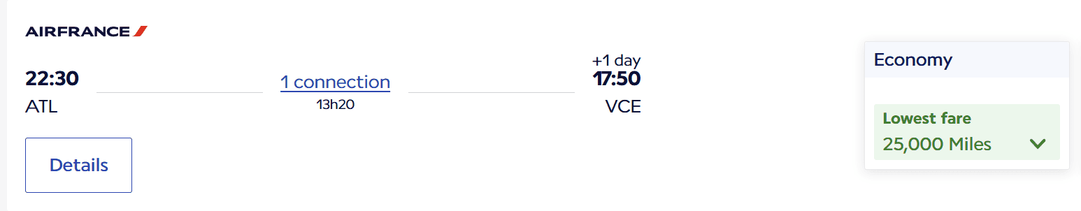 Air France Flying Blue award flight from Atlanta to Venice available for 25,000 miles one-way in economy